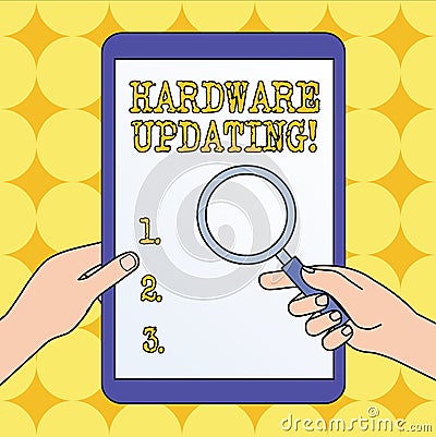 Text sign showing Hardware Updating. Conceptual photo process of replacing a product with a newer version Hands Holding Stock Photo