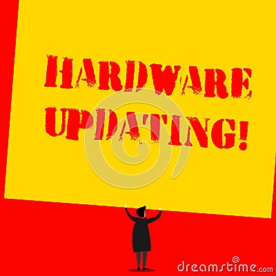 Text sign showing Hardware Updating. Conceptual photo process of replacing a product with a newer version Man stands in Stock Photo