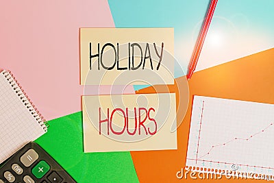 Text sign showing Holiday Hours. Conceptual photo employee receives twice their normal pay for all hours Office appliance colorful Stock Photo