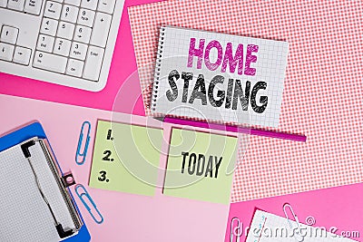 Text sign showing Home Staging. Conceptual photo Act of preparing a private residence for sale in the market Writing Stock Photo