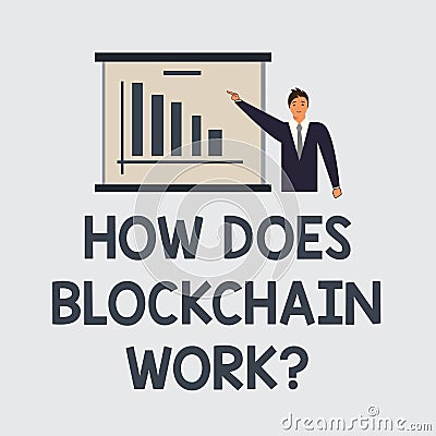 Text sign showing How Does Blockchain Work. Conceptual photo Decentralized money trading cryptocurrency Man in Business Suit Stock Photo