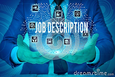 Text sign showing Job Description. Conceptual photo a formal account of an employee s is responsibilities Male human Stock Photo