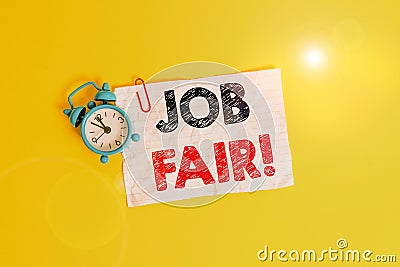 Text sign showing Job Fair. Conceptual photo event where employers offer information about their companies Metal alarm Stock Photo