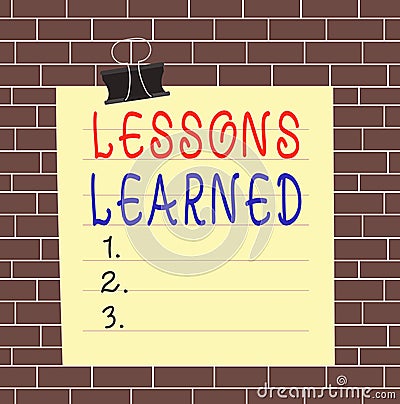 Text sign showing Lessons Learned. Conceptual photo the knowledge or understanding gained by experience Paper lines binder clip Stock Photo