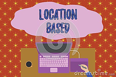 Text sign showing Location Based. Conceptual photo Mobile marketing to target users within same geographic area Upper Stock Photo