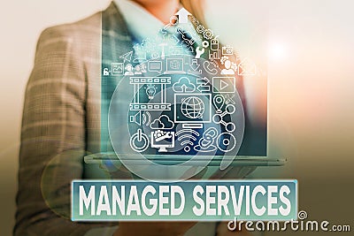Text sign showing Managed Services. Conceptual photo company that remotely analysisages customer s is IT infrastructure. Stock Photo