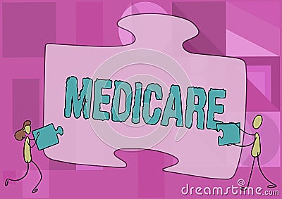 Text sign showing Medicare. Word for the federal government plan in US for paying certain hospital Colleagues Drawing Stock Photo