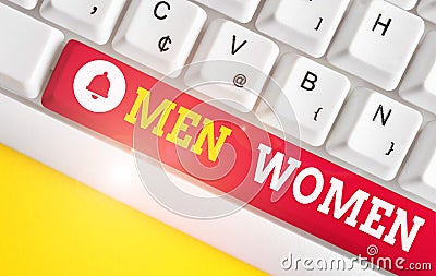 Text sign showing Men Women. Conceptual photo The state where in a boy or a girl turns to be a mature adult White pc Stock Photo