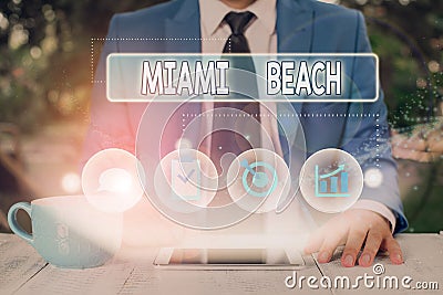 Text sign showing Miami Beach. Conceptual photo the coastal resort city in MiamiDade County of Florida Stock Photo