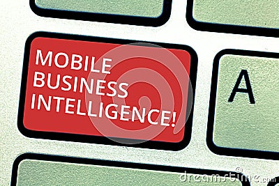 Text sign showing Mobile Business Intelligence. Conceptual photo ability to provide business services to mobile Keyboard Stock Photo