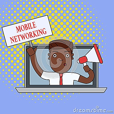 Text sign showing Mobile Networking. Conceptual photo Communication network where the last link is wireless Man Speaking Stock Photo