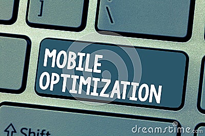 Text sign showing Mobile Optimization. Conceptual photo Site Content Reformatted for Handheld or Tablet Devices Stock Photo