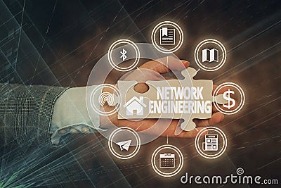 Text sign showing Network Engineering. Internet Concept field concerned with internetworking service requirement Hand Stock Photo