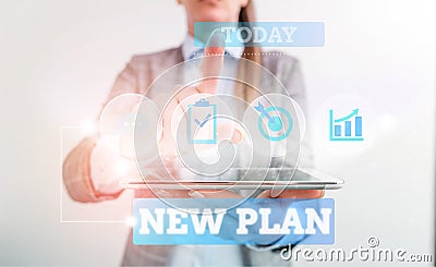 Text sign showing New Plan. Conceptual photo Start of a detailed proposal of doing or achieving something Female human Stock Photo