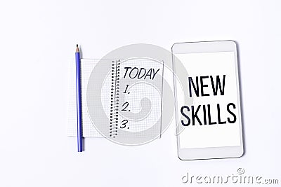 Text caption presenting New Skills. Word for Recently Acquired Learned Abilities Knowledge Competences Stock Photo
