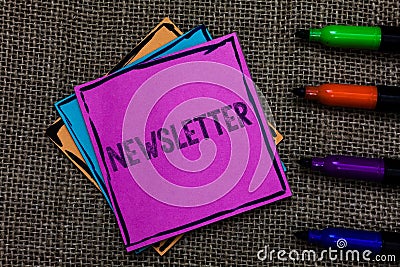 Text sign showing Newsletter. Conceptual photo Bulletin periodically sent to subscribed members News report Multiple colour sticky Stock Photo