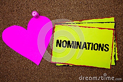 Text sign showing Nominations. Conceptual photo Suggestions of someone or something for a job position or prize Border sticky reme Stock Photo