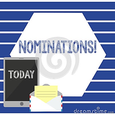 Text sign showing Nominations. Conceptual photo Suggestions of someone or something for a job position or prize Open Stock Photo