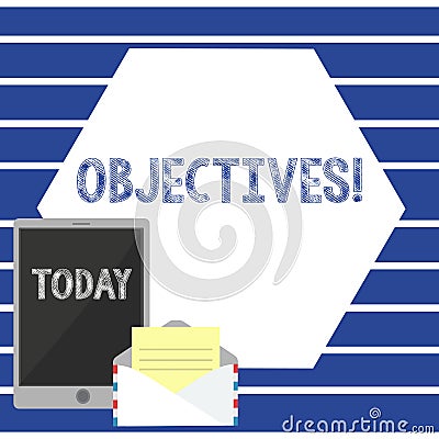 Text sign showing Objectives. Conceptual photo Goals planned to be achieved Desired targets Company missions Open Stock Photo