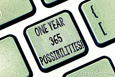 Text sign showing One Year 365 Possibilities. Conceptual photo Fresh new start Opportunities Motivation Keyboard key Stock Photo