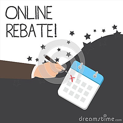 Text sign showing Online Rebate. Conceptual photo Return of a portion of a purchase price by a seller to a buyer Male Stock Photo