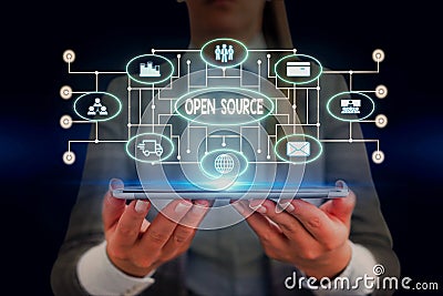 Text sign showing Open Source. Conceptual photo denoting software which original source code freely available Woman wear Stock Photo