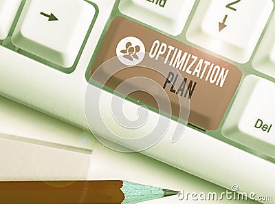 Text sign showing Optimization Plan. Conceptual photo Finding an alternative with the most cost effective Stock Photo