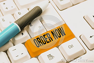 Text sign showing Order Now. Conceptual photo confirmed request by one party to another to buy sell Typing Online Stock Photo