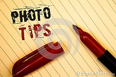 Text sign showing Photo Tips. Conceptual photos Suggestions to take good pictures Advices for great photosgraphyIdeas messages cre Stock Photo