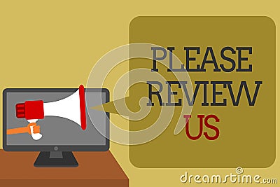 Text sign showing Please Review Us. Conceptual photo Give a feedback Opinion Comments Quality of service Social media network conv Stock Photo