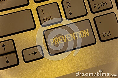 Text sign showing Prevention. Conceptual photos Stopping something from happening Healthcare ProtectionKeyboard brown keys black y Stock Photo