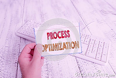 Text sign showing Process Optimization. Conceptual photo Improve Organizations Efficiency Maximize Throughput man holding colorful Stock Photo
