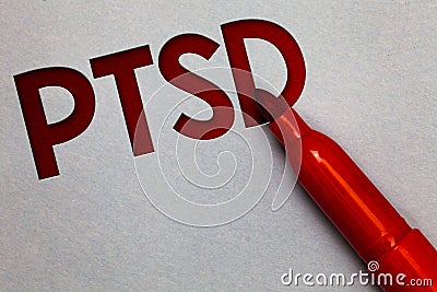 Text sign showing Ptsd. Conceptual photo Post Traumatic Stress Disorder Mental Illness Trauma Fear Depression White paper lite gre Stock Photo