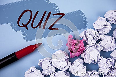 Text sign showing Quiz. Conceptual photo Short Tests Evaluation Examination to quantify your knowledge written on Painted backgrou Stock Photo