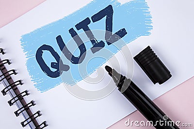 Text sign showing Quiz. Conceptual photo Short Tests Evaluation Examination to quantify your knowledge written on Painted Notepad Stock Photo