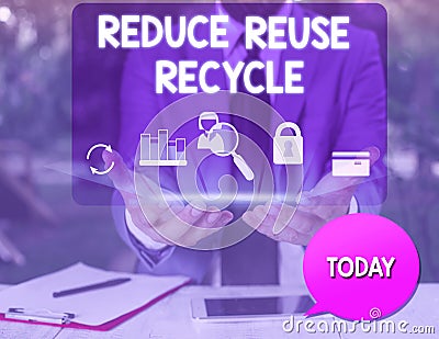 Text sign showing Reduce Reuse Recycle. Conceptual photo environmentallyresponsible consumer behavior man icons Stock Photo