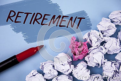 Text sign showing Retirement. Conceptual photo Leaving Job Stop Ceasing to Work after reaching some age written on Painted backgro Stock Photo