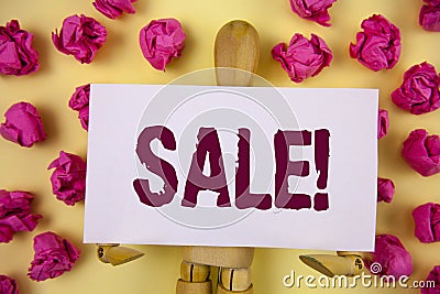 Text sign showing Sale Motivational Call. Conceptual photo Selling goods at reduced prices Make a Sell written on Sticky Note pape Stock Photo