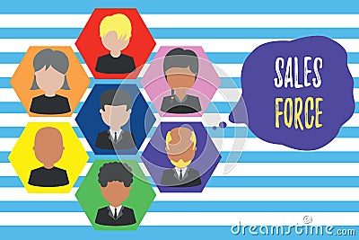 Text sign showing Sales Force. Conceptual photo they are responsible for of selling products or services Pictures frames Stock Photo