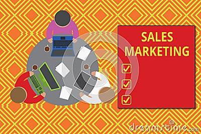 Text sign showing Sales Marketing. Conceptual photo introducing product or service in order to get bought Working round Stock Photo