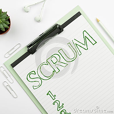 Text sign showing Scrum. Word for handwriting as distinct from print written characters of play Stock Photo