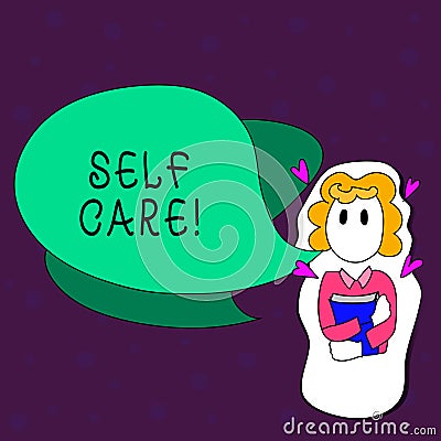 Text sign showing Self Care. Conceptual photo practice of taking action preserve or improve ones own health Girl Holding Stock Photo