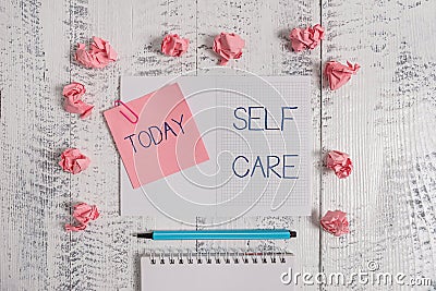 Text sign showing Self Care. Conceptual photo the practice of taking action to improve one s is own health Squared Stock Photo