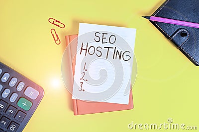 Text sign showing Seo Hosting. Conceptual photo building website in a way that is friendly for search engines Pile of Stock Photo