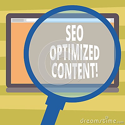 Text sign showing Seo Optimized Content. Conceptual photo Making website pages attractive to search engines Magnifying Stock Photo
