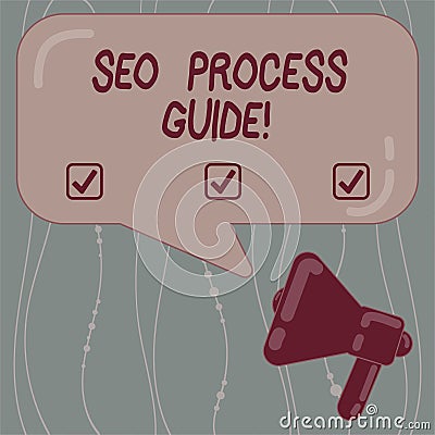 Text sign showing Seo Process Guide. Conceptual photo set actions improve online visibility website in engines Megaphone Stock Photo