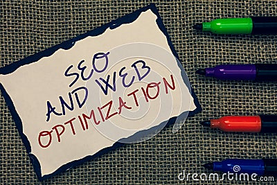 Text sign showing Seo And Web Optimization. Conceptual photo Search Engine Keywording Marketing Strategies Blue bordered page draw Stock Photo