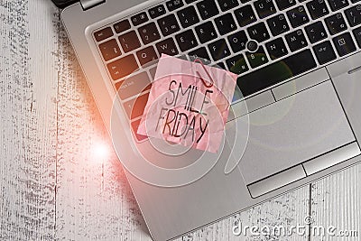 Text sign showing Smile Friday. Conceptual photo used to express happiness from beginning of fresh week Trendy metallic Stock Photo