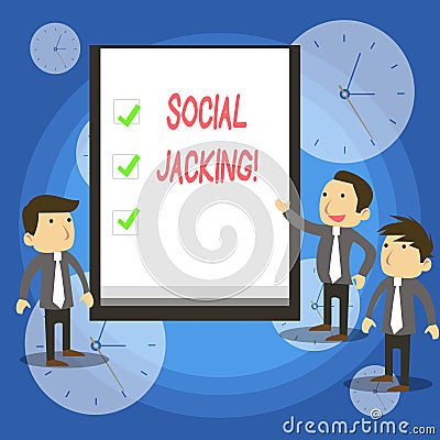 Text sign showing Social Jacking. Conceptual photo Spiteful method tricking the user to click vulnerable buttons. Stock Photo