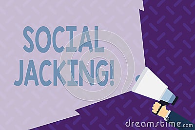 Text sign showing Social Jacking. Conceptual photo Spiteful method tricking the user to click vulnerable buttons Hand Stock Photo